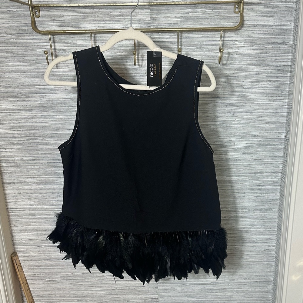 Nicole by Nicole Miller feather sleeveless black top with beaded detail. NWT